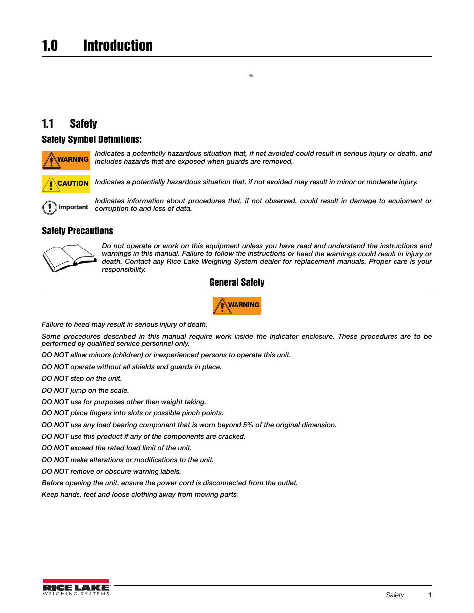 0 introduction, 1 safety, Introduction | Rice Lake 920i Bulkweigher 107 - 108 - 109 User Manual | Page 5 / 36