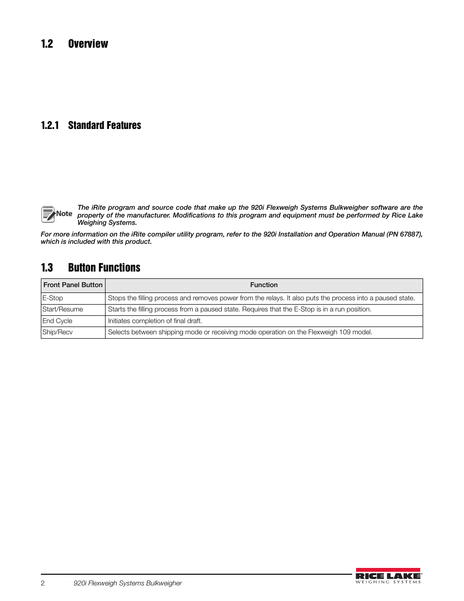 2 overview, 1 standard features, 3 button functions | Standard features | Rice Lake 920i Bulkweigher 107 - 108 - 109 User Manual | Page 6 / 36