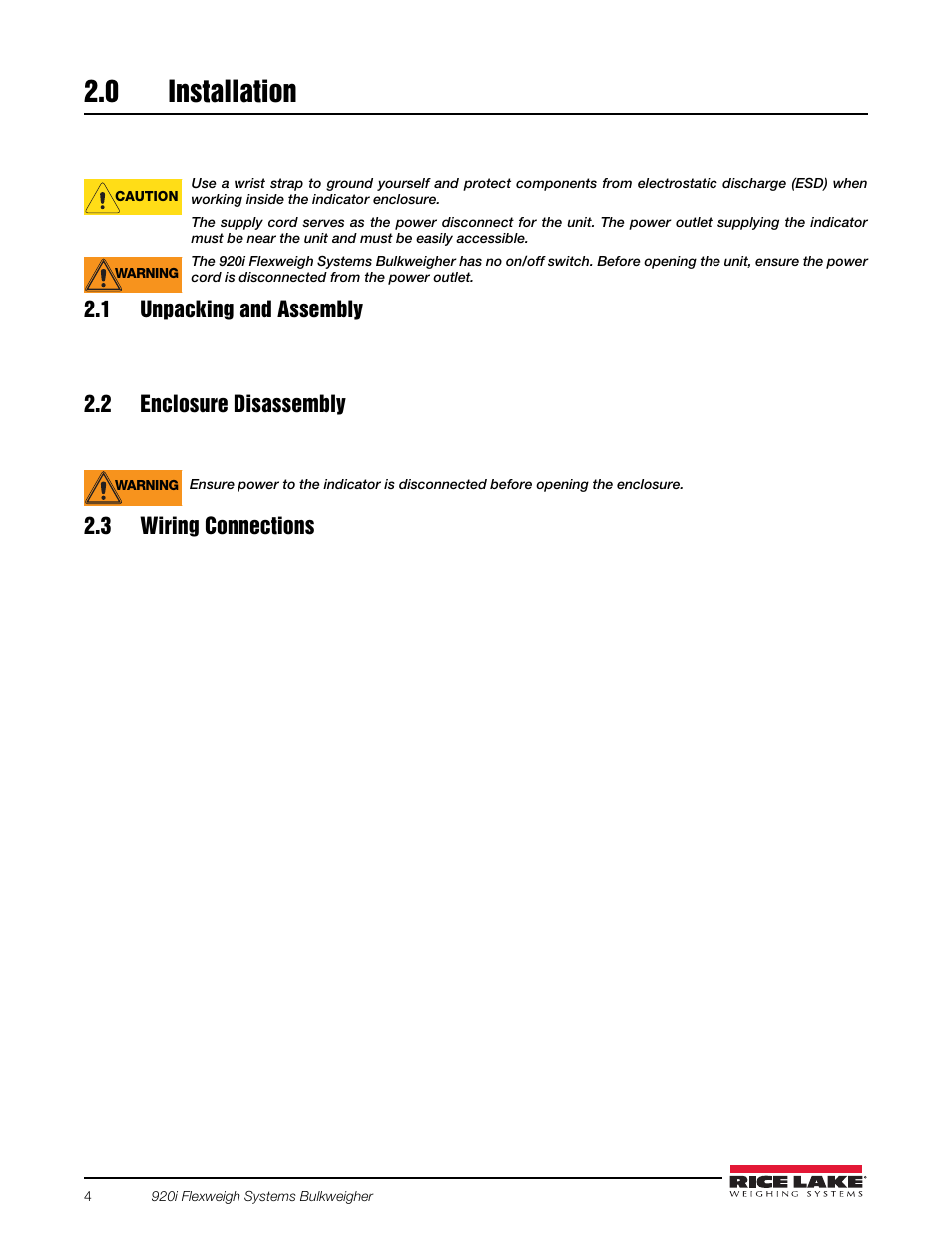 0 installation, 1 unpacking and assembly, 2 enclosure disassembly | 3 wiring connections, Installation | Rice Lake 920i Bulkweigher 107 - 108 - 109 User Manual | Page 8 / 36