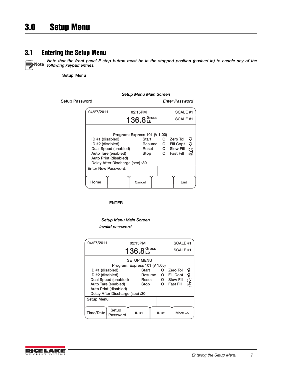 0 setup menu, 1 entering the setup menu, Setup menu | Rice Lake 920i FlexWeigh Systems - 101 User Manual | Page 11 / 32