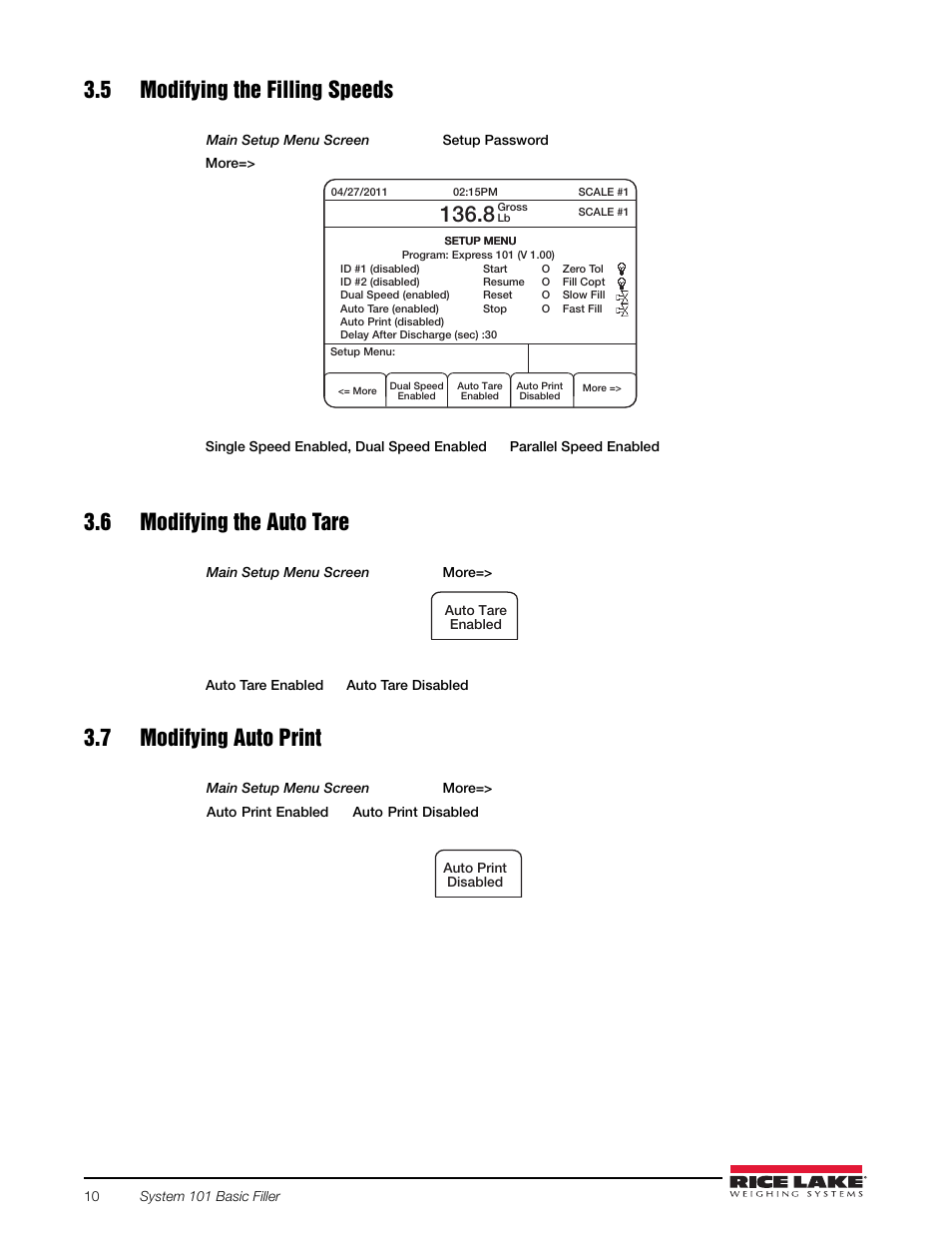 5 modifying the filling speeds, 6 modifying the auto tare, 7 modifying auto print | Rice Lake 920i FlexWeigh Systems - 101 User Manual | Page 14 / 32