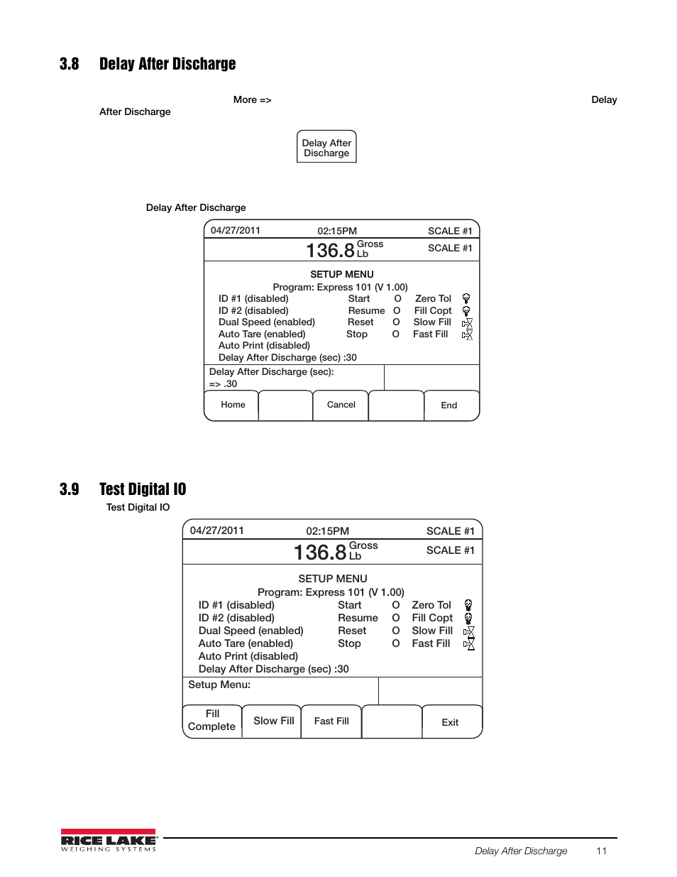 8 delay after discharge, 9 test digital io, 8 delay after discharge 3.9 test digital io | Rice Lake 920i FlexWeigh Systems - 101 User Manual | Page 15 / 32