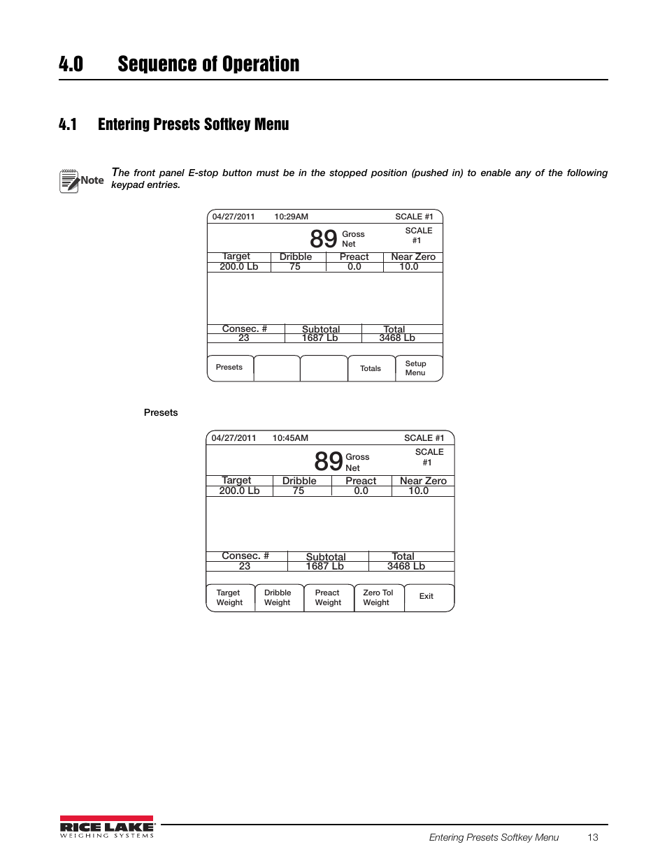 0 sequence of operation, 1 entering presets softkey menu, Sequence of operation | Rice Lake 920i FlexWeigh Systems - 101 User Manual | Page 17 / 32