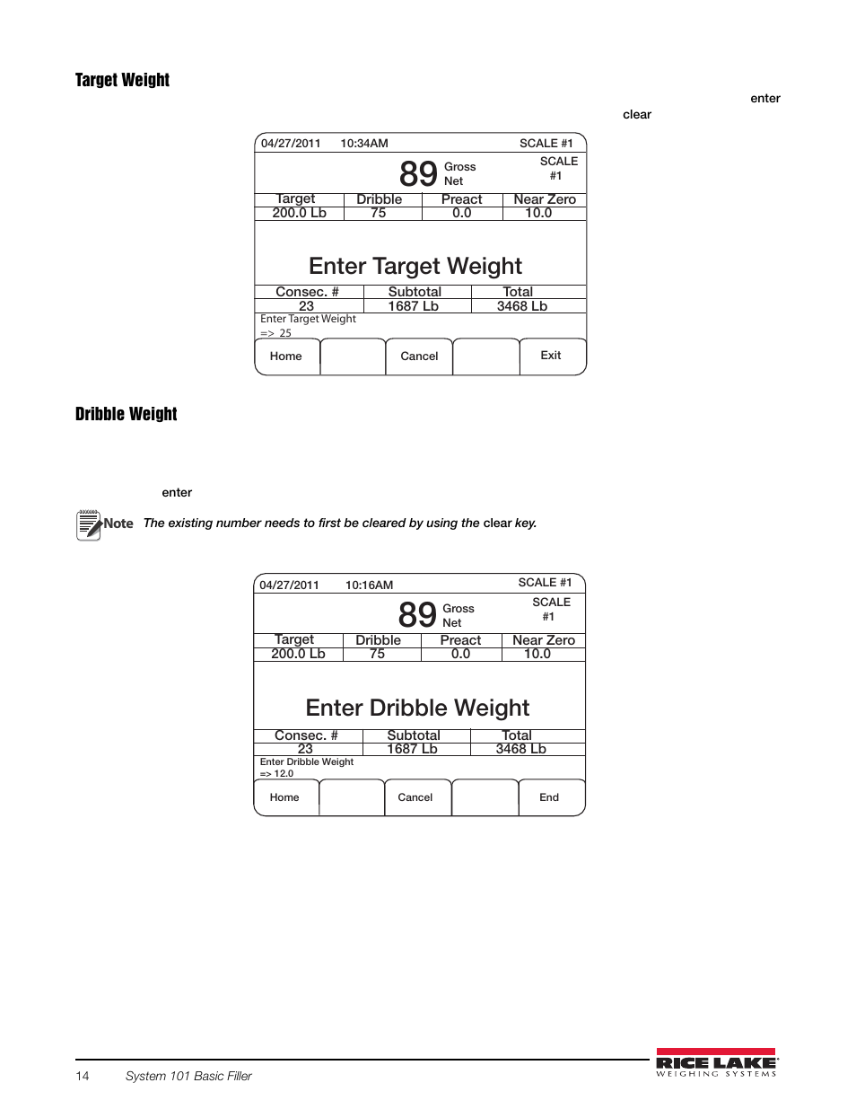 Enter target weight, Enter dribble weight | Rice Lake 920i FlexWeigh Systems - 101 User Manual | Page 18 / 32