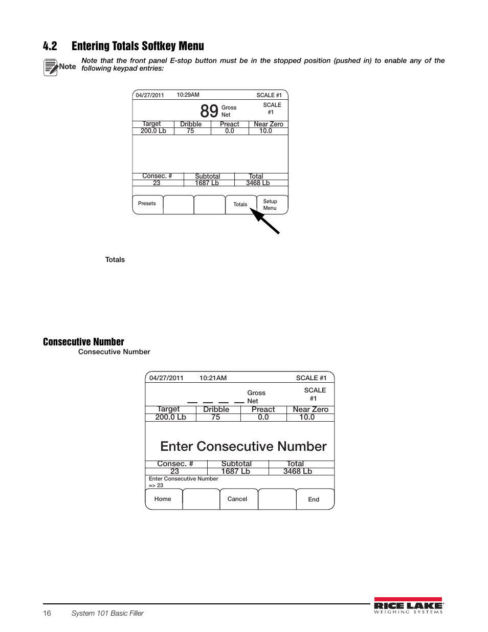2 entering totals softkey menu, Enter consecutive number | Rice Lake 920i FlexWeigh Systems - 101 User Manual | Page 20 / 32