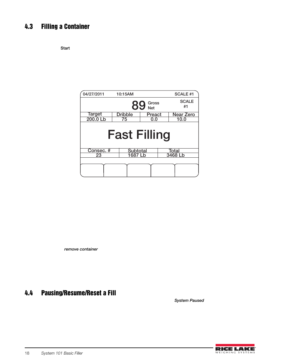 3 filling a container, 4 pausing/resume/reset a fill, Fast filling | Rice Lake 920i FlexWeigh Systems - 101 User Manual | Page 22 / 32