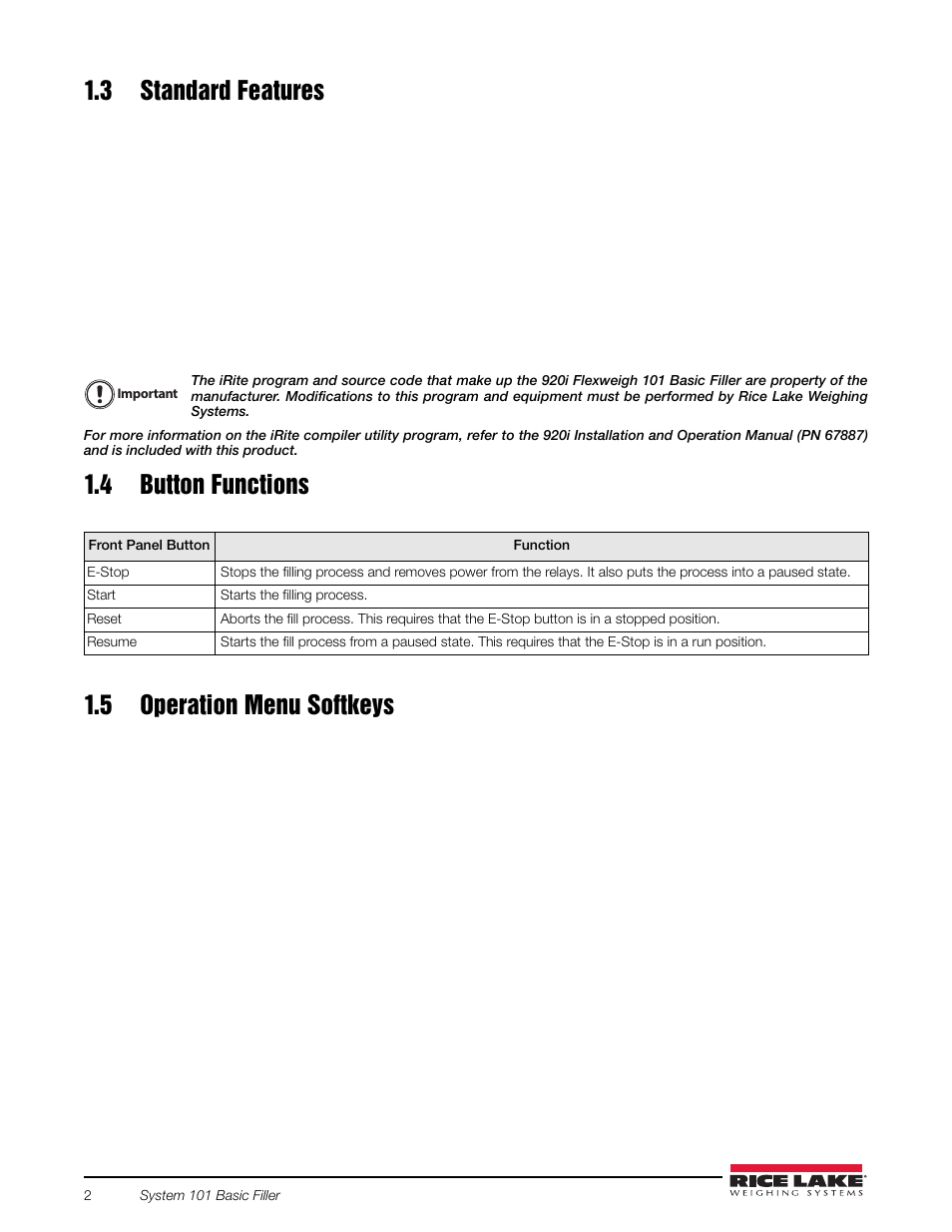 3 standard features, 4 button functions, 5 operation menu softkeys | Rice Lake 920i FlexWeigh Systems - 101 User Manual | Page 6 / 32