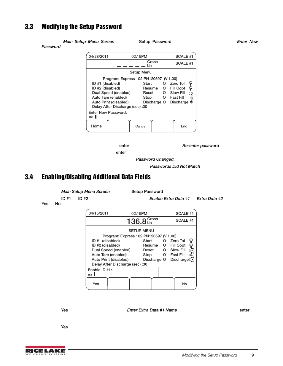 3 modifying the setup password, 4 enabling/disabling additional data fields | Rice Lake 920i FlexWeigh Systems - 102 User Manual | Page 13 / 32