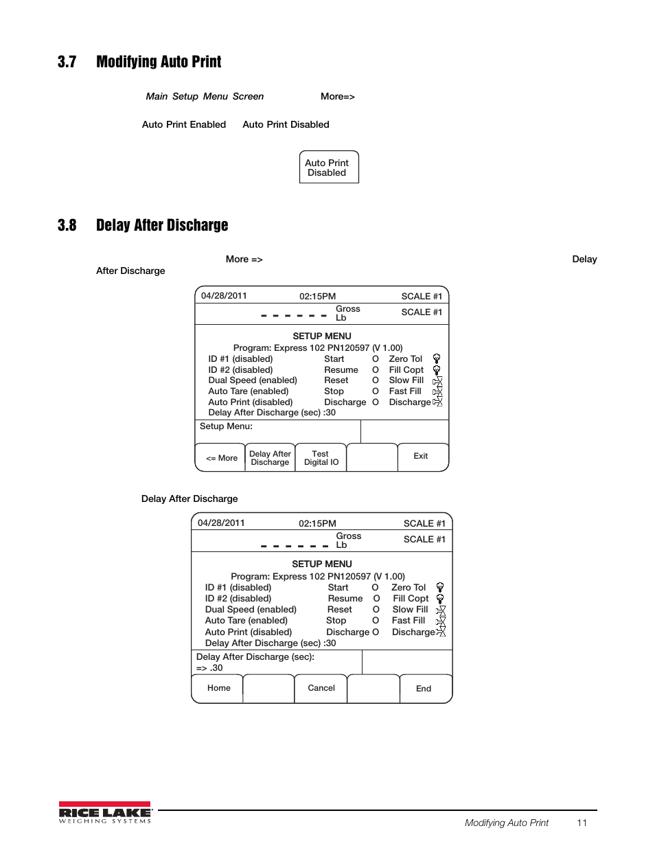 7 modifying auto print, 8 delay after discharge, 7 modifying auto print 3.8 delay after discharge | Rice Lake 920i FlexWeigh Systems - 102 User Manual | Page 15 / 32