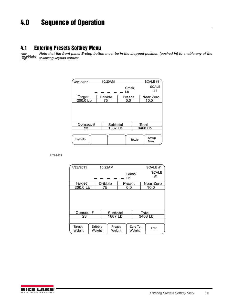 0 sequence of operation, 1 entering presets softkey menu, Sequence of operation | Rice Lake 920i FlexWeigh Systems - 102 User Manual | Page 17 / 32