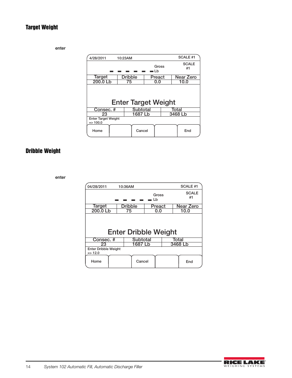 Enter dribble weight, Enter target weight | Rice Lake 920i FlexWeigh Systems - 102 User Manual | Page 18 / 32