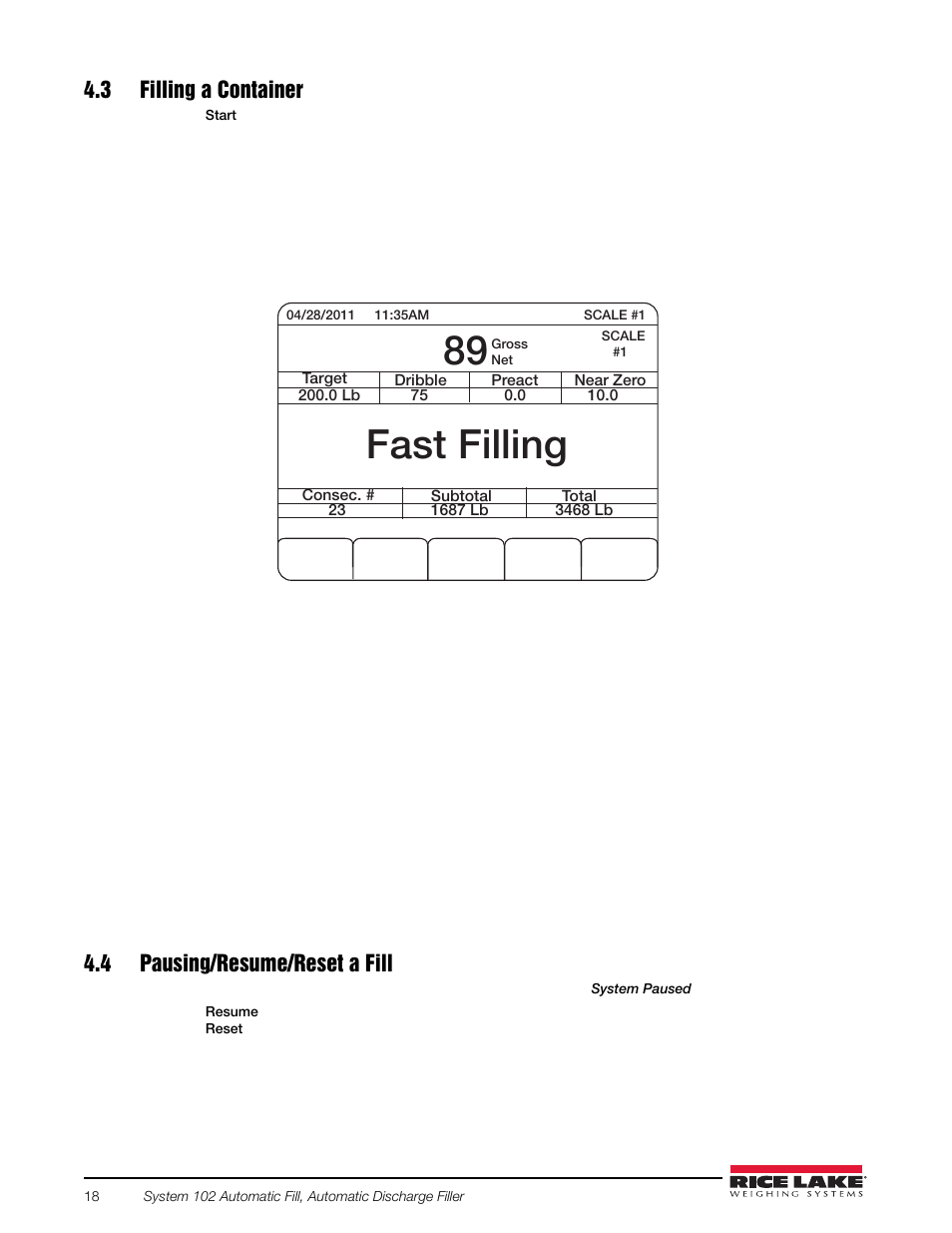 3 filling a container, 4 pausing/resume/reset a fill, Fast filling | Rice Lake 920i FlexWeigh Systems - 102 User Manual | Page 22 / 32