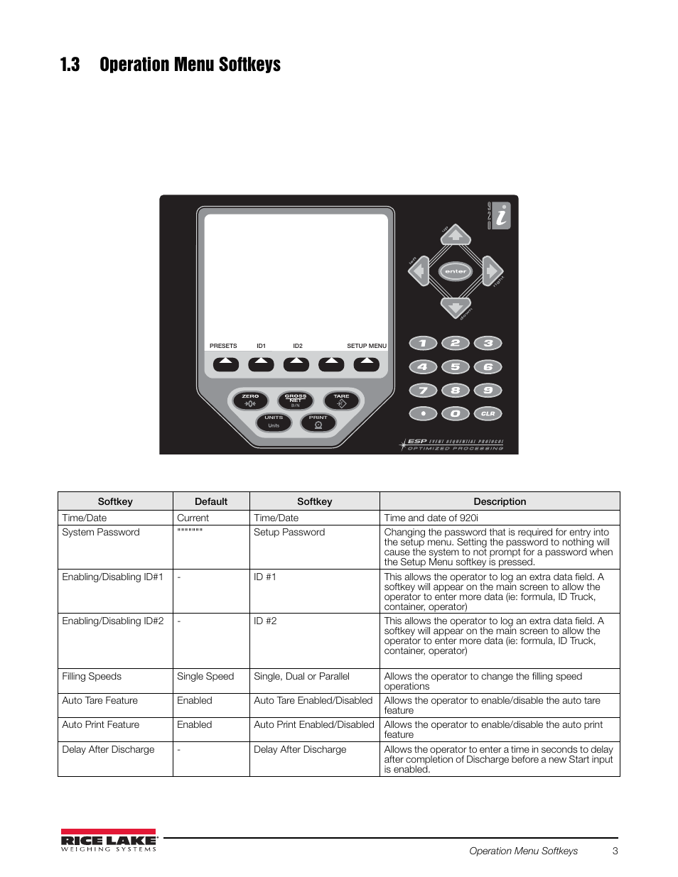 3 operation menu softkeys | Rice Lake 920i FlexWeigh Systems - 102 User Manual | Page 7 / 32