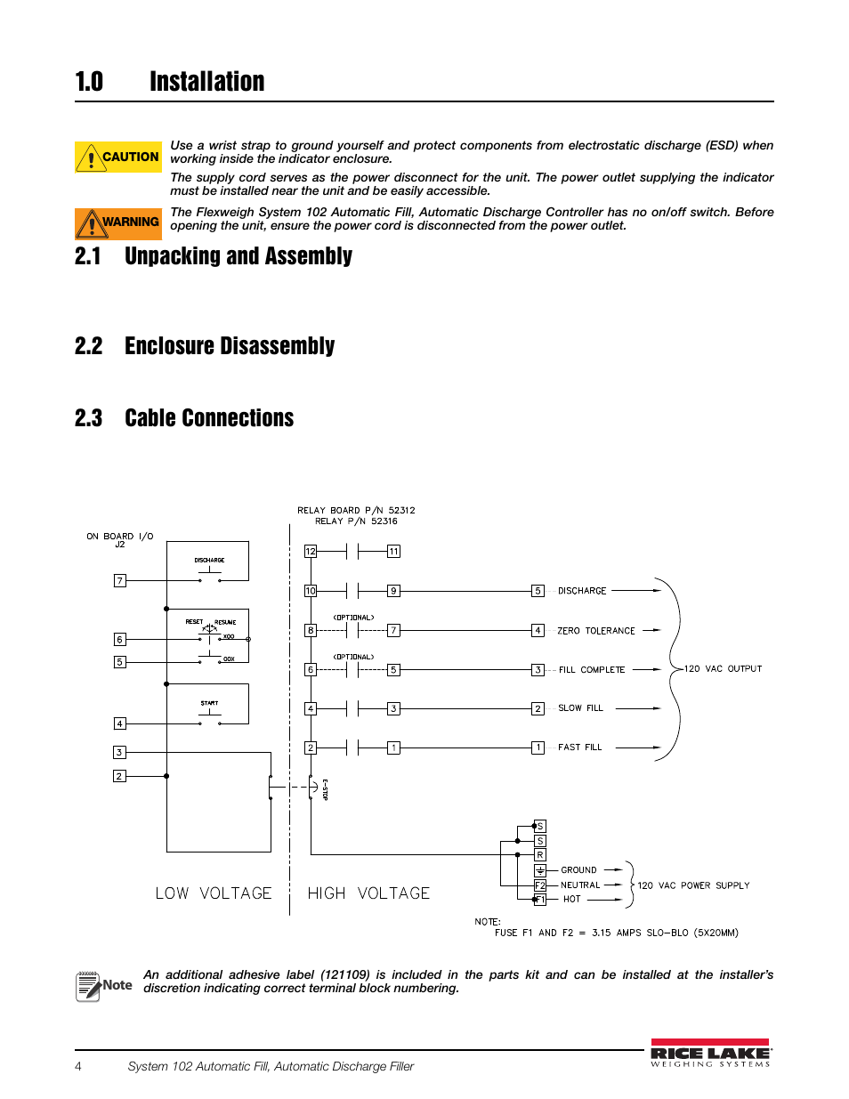 0 installation, 1 unpacking and assembly, 2 enclosure disassembly | 3 cable connections, Installation | Rice Lake 920i FlexWeigh Systems - 102 User Manual | Page 8 / 32