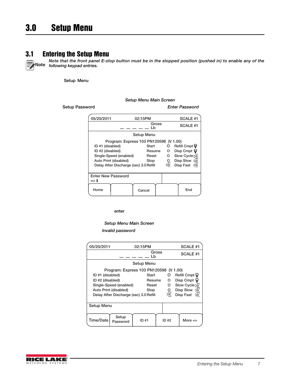 0 setup menu, 1 entering the setup menu, Setup menu | Rice Lake 920i FlexWeigh Systems - 103 User Manual | Page 11 / 32