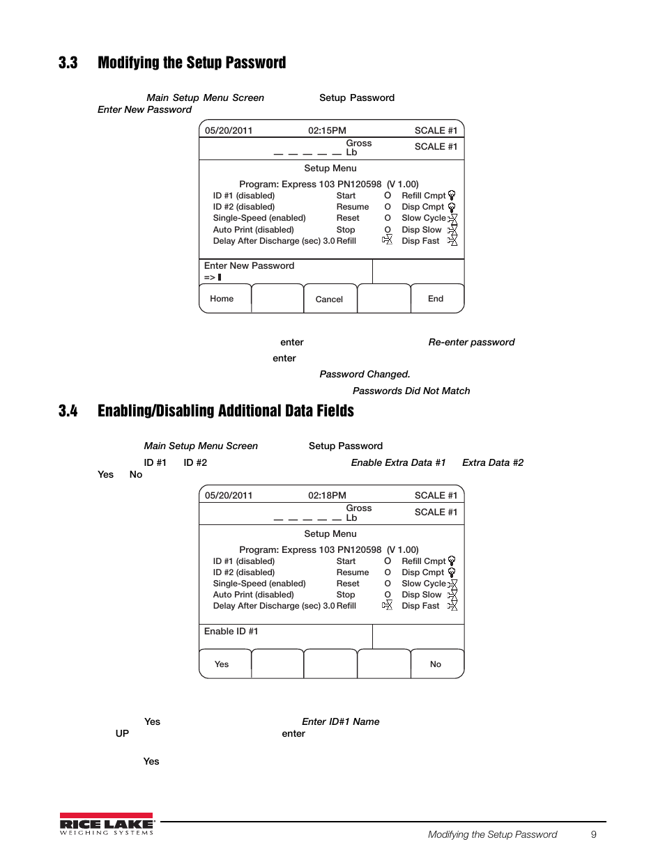 3 modifying the setup password, 4 enabling/disabling additional data fields | Rice Lake 920i FlexWeigh Systems - 103 User Manual | Page 13 / 32