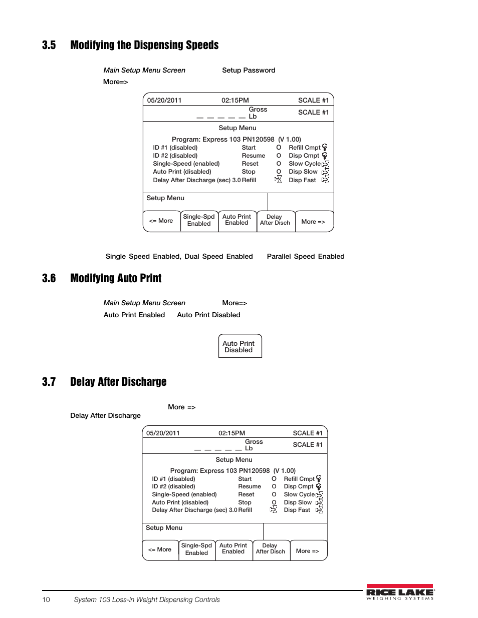 5 modifying the dispensing speeds, 6 modifying auto print, 7 delay after discharge | Rice Lake 920i FlexWeigh Systems - 103 User Manual | Page 14 / 32