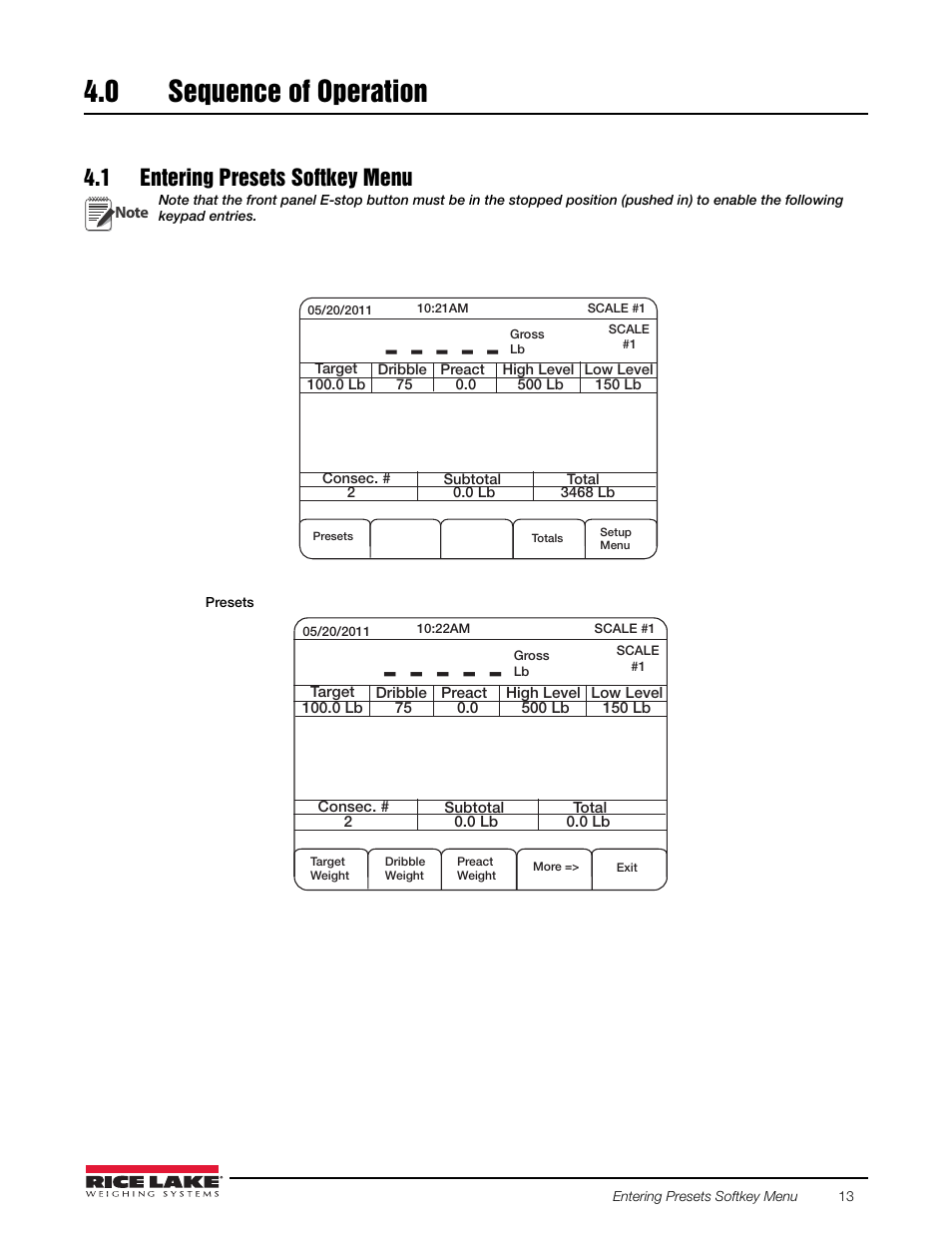 0 sequence of operation, 1 entering presets softkey menu, Sequence of operation | Rice Lake 920i FlexWeigh Systems - 103 User Manual | Page 17 / 32