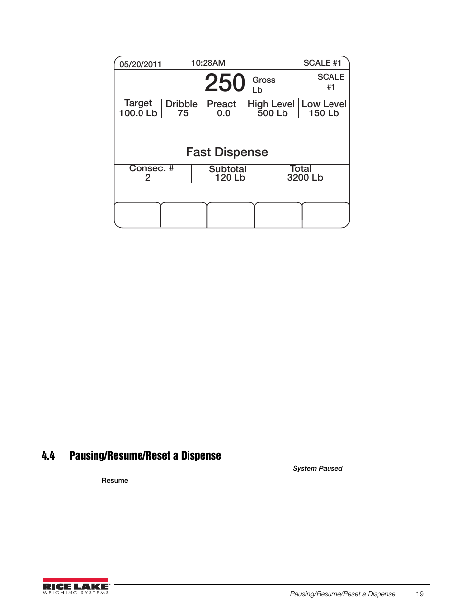 4 pausing/resume/reset a dispense, Fast dispense | Rice Lake 920i FlexWeigh Systems - 103 User Manual | Page 23 / 32