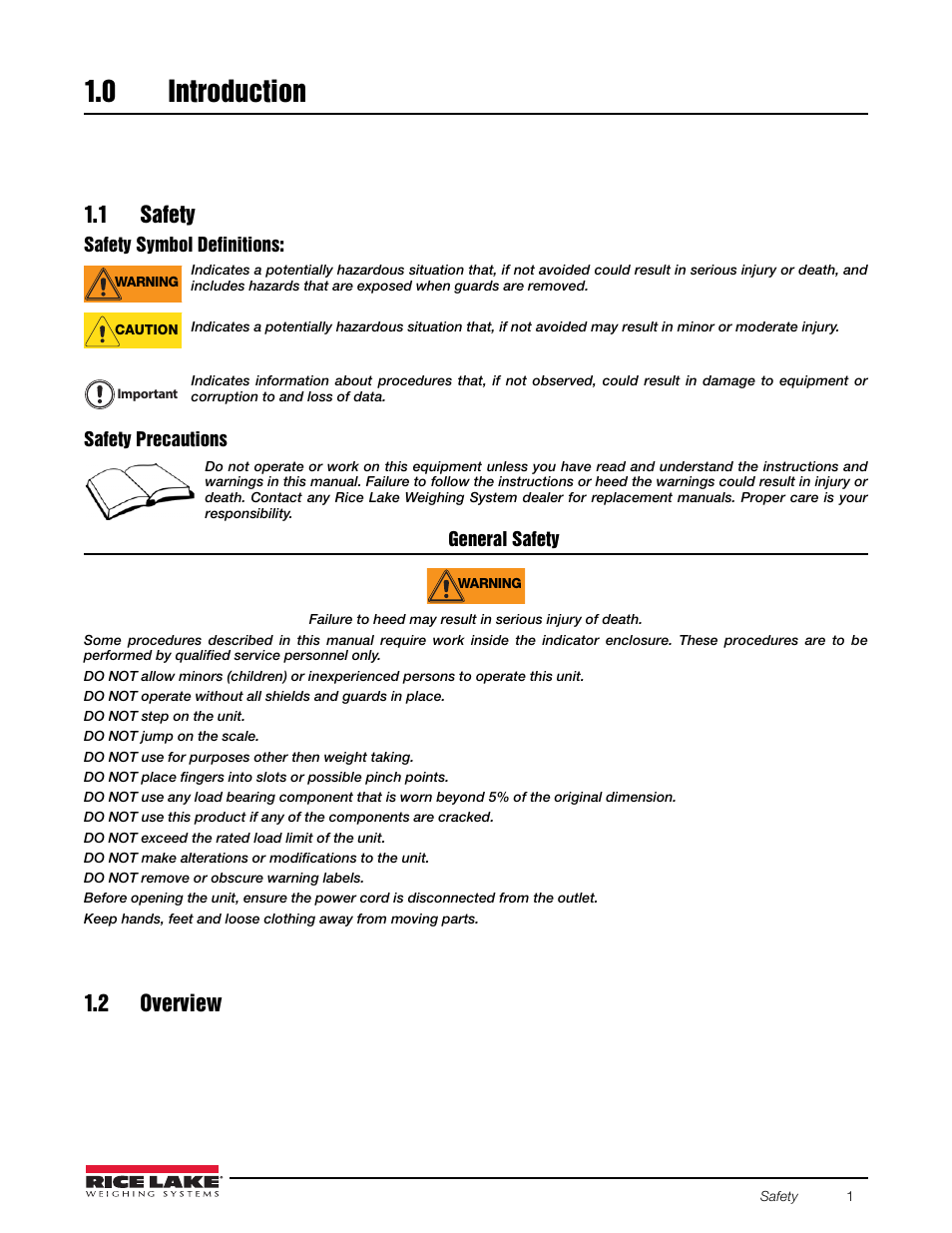 0 introduction, 1 safety, 2 overview | Introduction, 1 safety 1.2 overview | Rice Lake 920i FlexWeigh Systems - 103 User Manual | Page 5 / 32