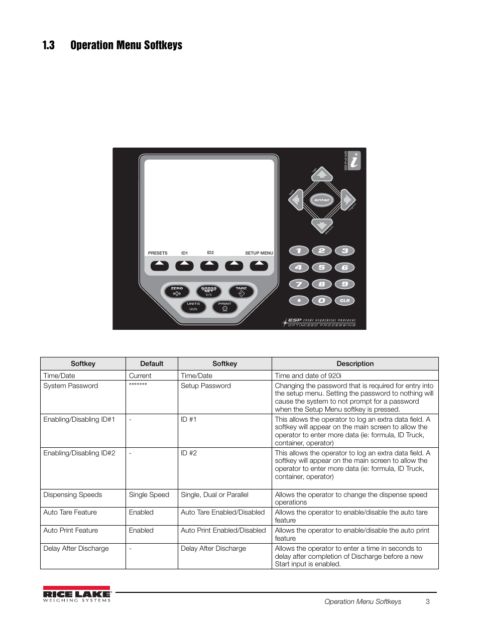 3 operation menu softkeys | Rice Lake 920i FlexWeigh Systems - 103 User Manual | Page 7 / 32