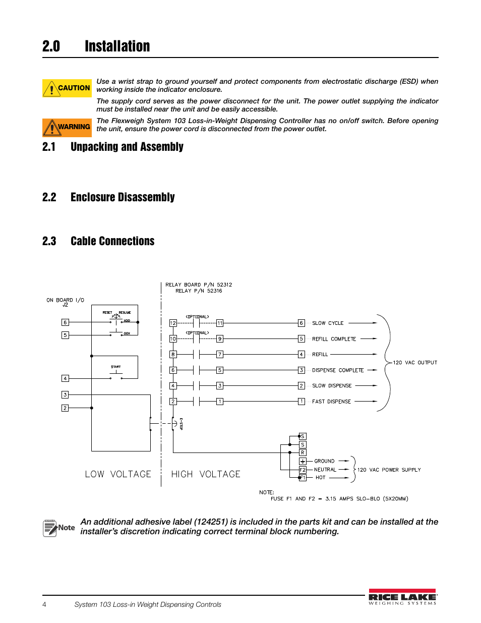 0 installation, 1 unpacking and assembly, 2 enclosure disassembly | 3 cable connections, Installation | Rice Lake 920i FlexWeigh Systems - 103 User Manual | Page 8 / 32