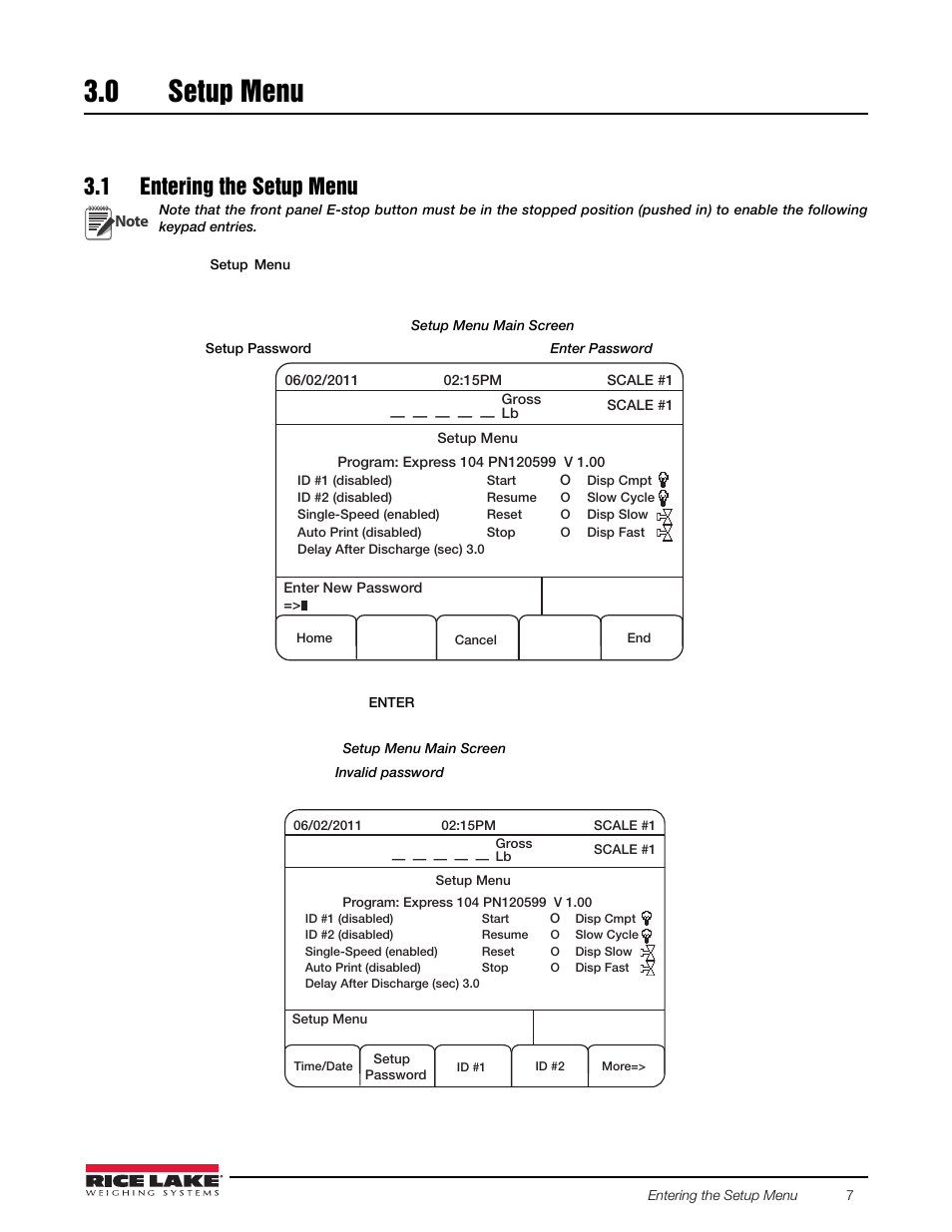 0 setup menu, 1 entering the setup menu, Setup menu | Rice Lake 920i FlexWeigh Systems - 104 User Manual | Page 11 / 32