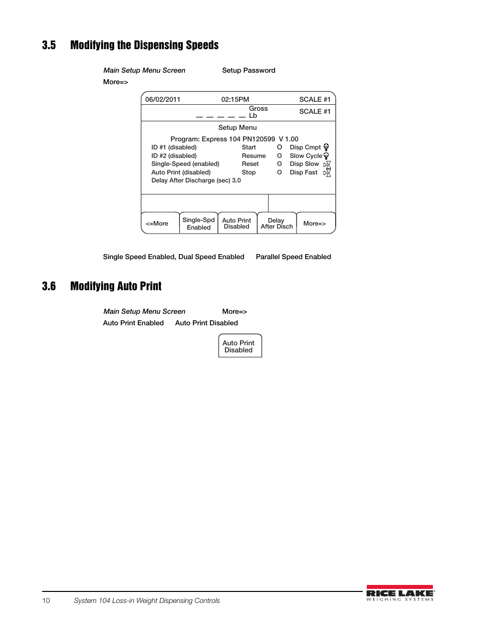 5 modifying the dispensing speeds, 6 modifying auto print | Rice Lake 920i FlexWeigh Systems - 104 User Manual | Page 14 / 32