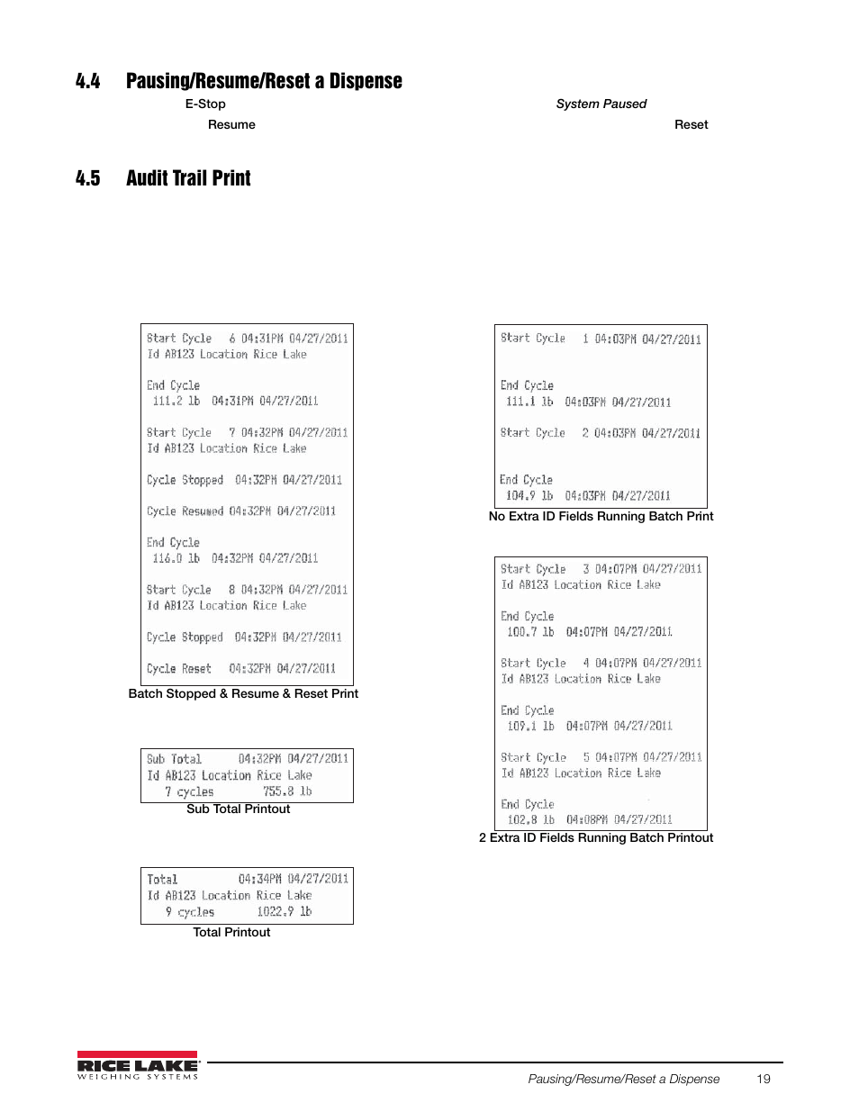 4 pausing/resume/reset a dispense, 5 audit trail print | Rice Lake 920i FlexWeigh Systems - 104 User Manual | Page 23 / 32