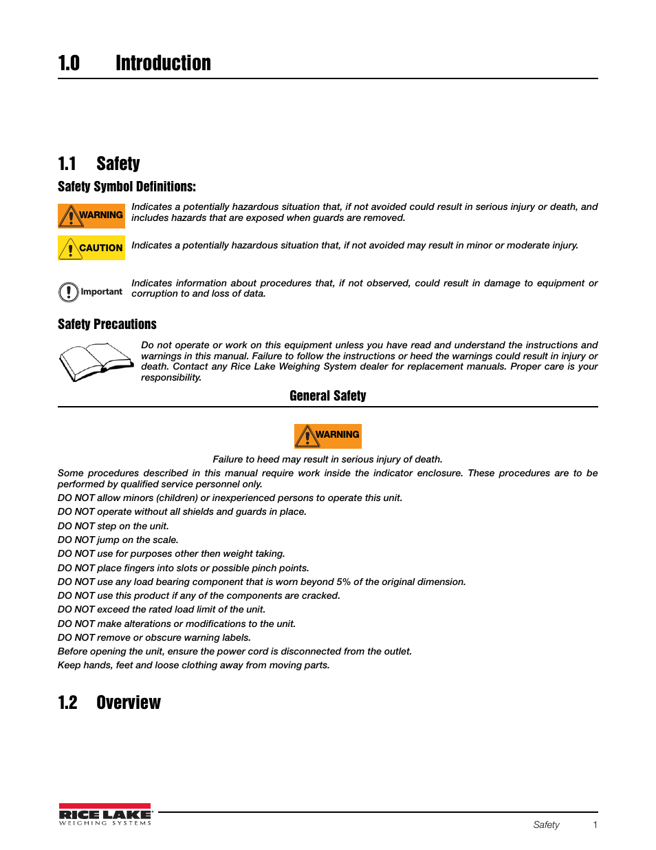 0 introduction, 1 safety, 2 overview | Introduction, 1 safety 1.2 overview | Rice Lake 920i FlexWeigh Systems - 104 User Manual | Page 5 / 32