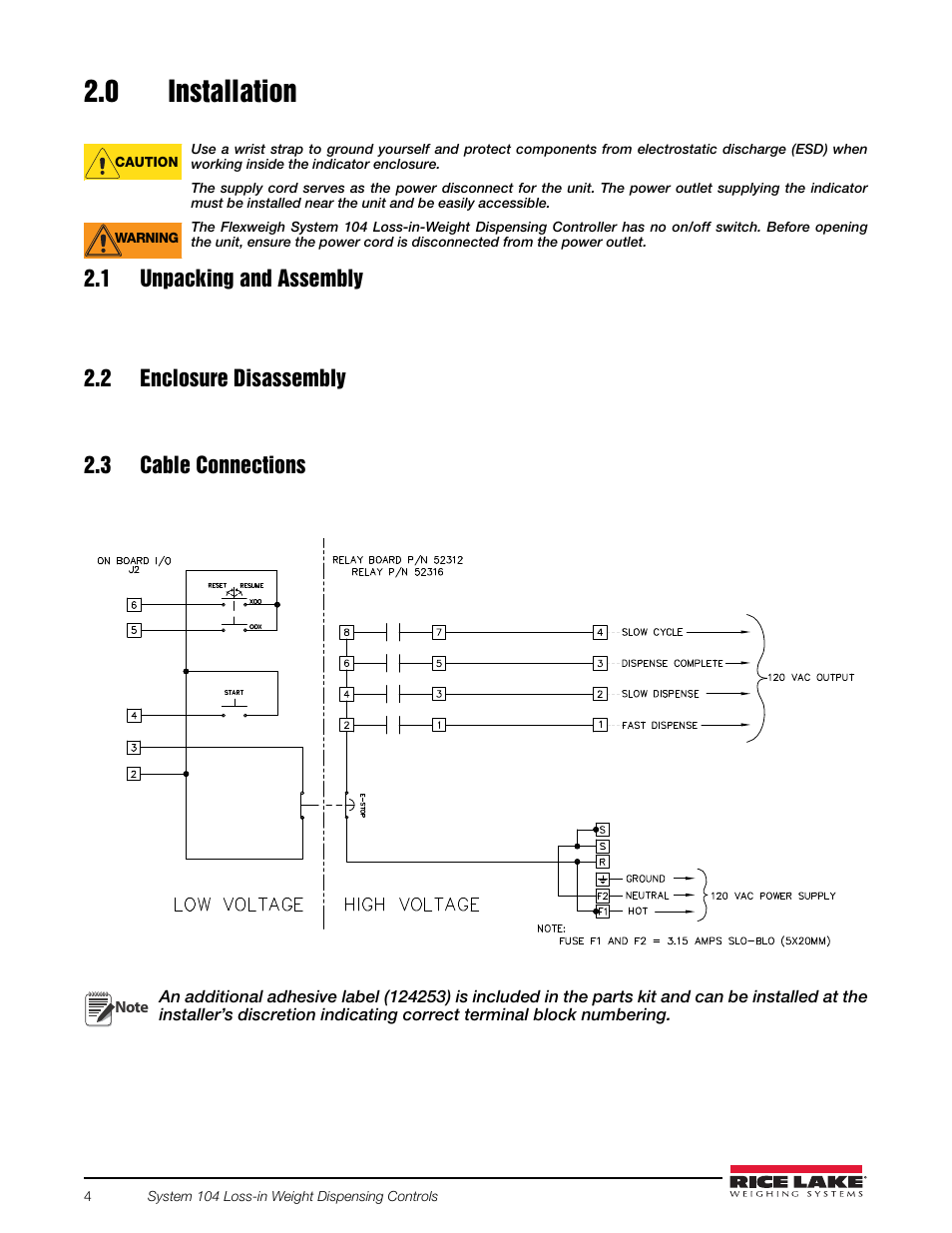 0 installation, 1 unpacking and assembly, 2 enclosure disassembly | 3 cable connections, Installation | Rice Lake 920i FlexWeigh Systems - 104 User Manual | Page 8 / 32