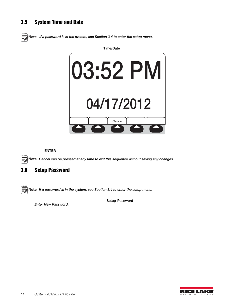 5 system time and date, 6 setup password, 5 system time and date 3.6 setup password | Section 3.5, Section 3.6, 52 pm | Rice Lake 920i FlexWeigh Systems - 201/202 User Manual | Page 18 / 38