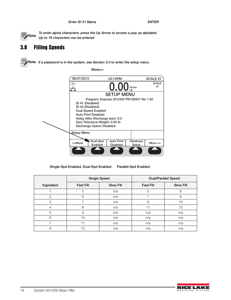 8 filling speeds, Section 3.8, Setup menu | Rice Lake 920i FlexWeigh Systems - 201/202 User Manual | Page 20 / 38