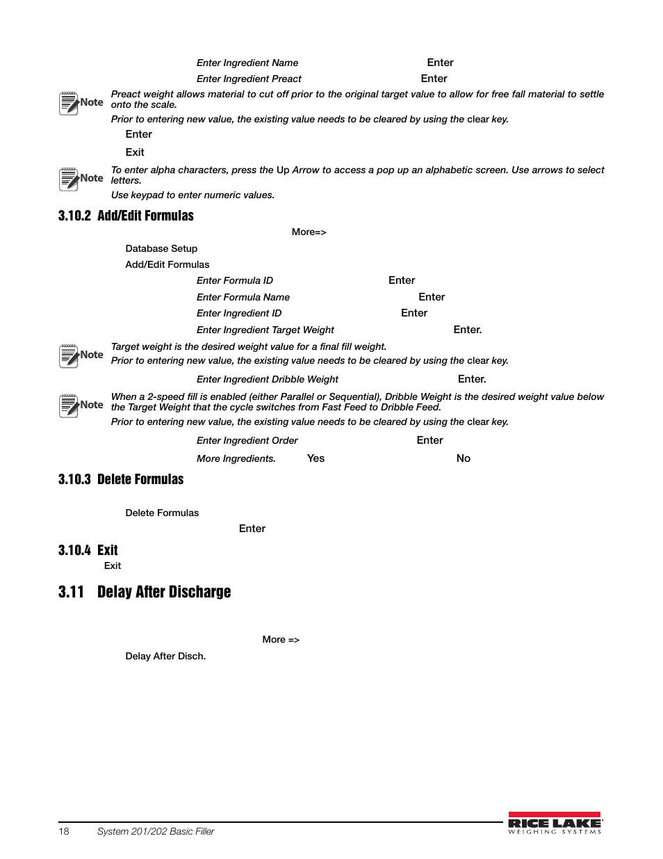 2 add/edit formulas, 3 delete formulas, 4 exit | 11 delay after discharge, Add/edit formulas, Delete formulas, Exit, See section 3.11 | Rice Lake 920i FlexWeigh Systems - 201/202 User Manual | Page 22 / 38