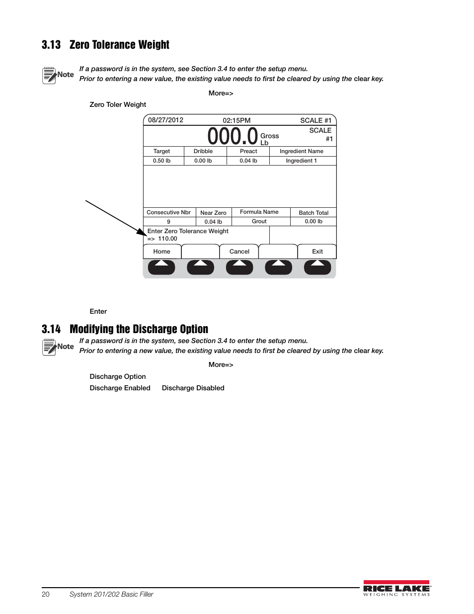13 zero tolerance weight, 14 modifying the discharge option, E section 3.13 | Rice Lake 920i FlexWeigh Systems - 201/202 User Manual | Page 24 / 38