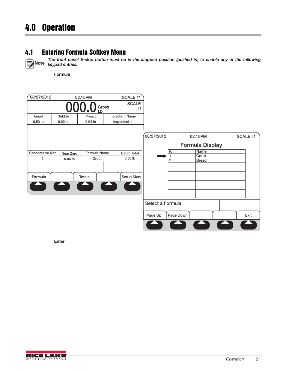 0 operation, 1 entering formula softkey menu, Operation | Formula display | Rice Lake 920i FlexWeigh Systems - 201/202 User Manual | Page 25 / 38