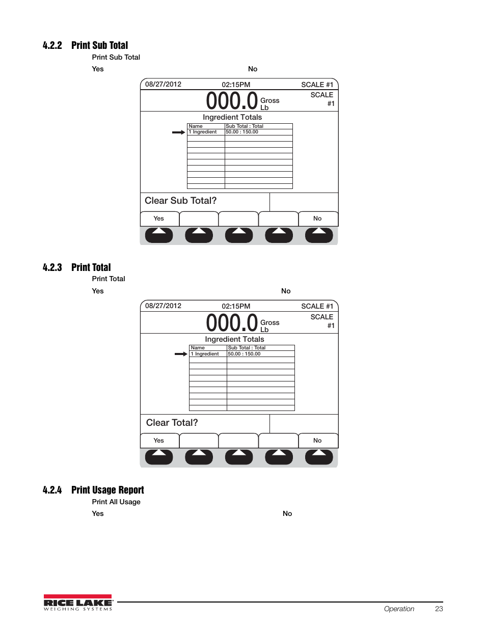 2 print sub total, 3 print total, 4 print usage report | Print sub total, Print total, Print usage report | Rice Lake 920i FlexWeigh Systems - 201/202 User Manual | Page 27 / 38