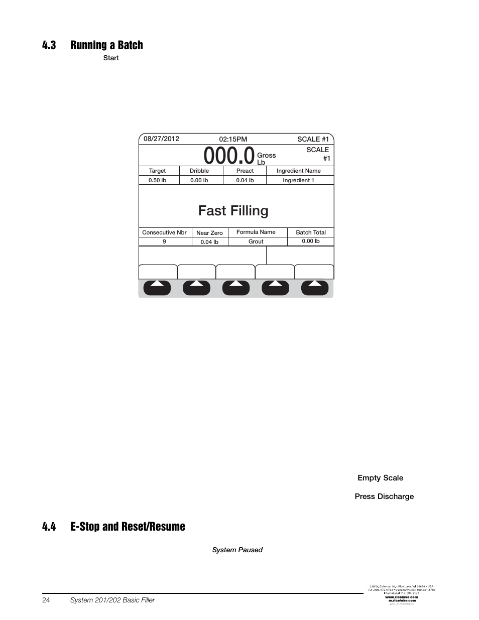 3 running a batch, 4 e-stop and reset/resume, 3 running a batch 4.4 e-stop and reset/resume | Fast filling | Rice Lake 920i FlexWeigh Systems - 201/202 User Manual | Page 28 / 38