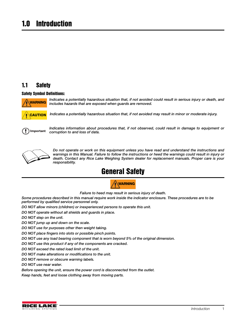 0 introduction, 1 safety, Introduction | General safety | Rice Lake 920i FlexWeigh Systems - 201/202 User Manual | Page 5 / 38