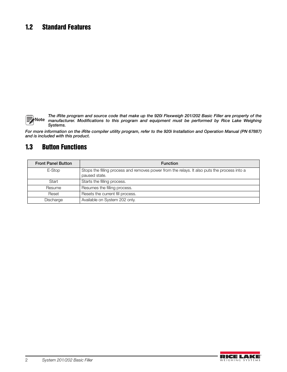 2 standard features, 3 button functions, 2 standard features 1.3 button functions | Rice Lake 920i FlexWeigh Systems - 201/202 User Manual | Page 6 / 38