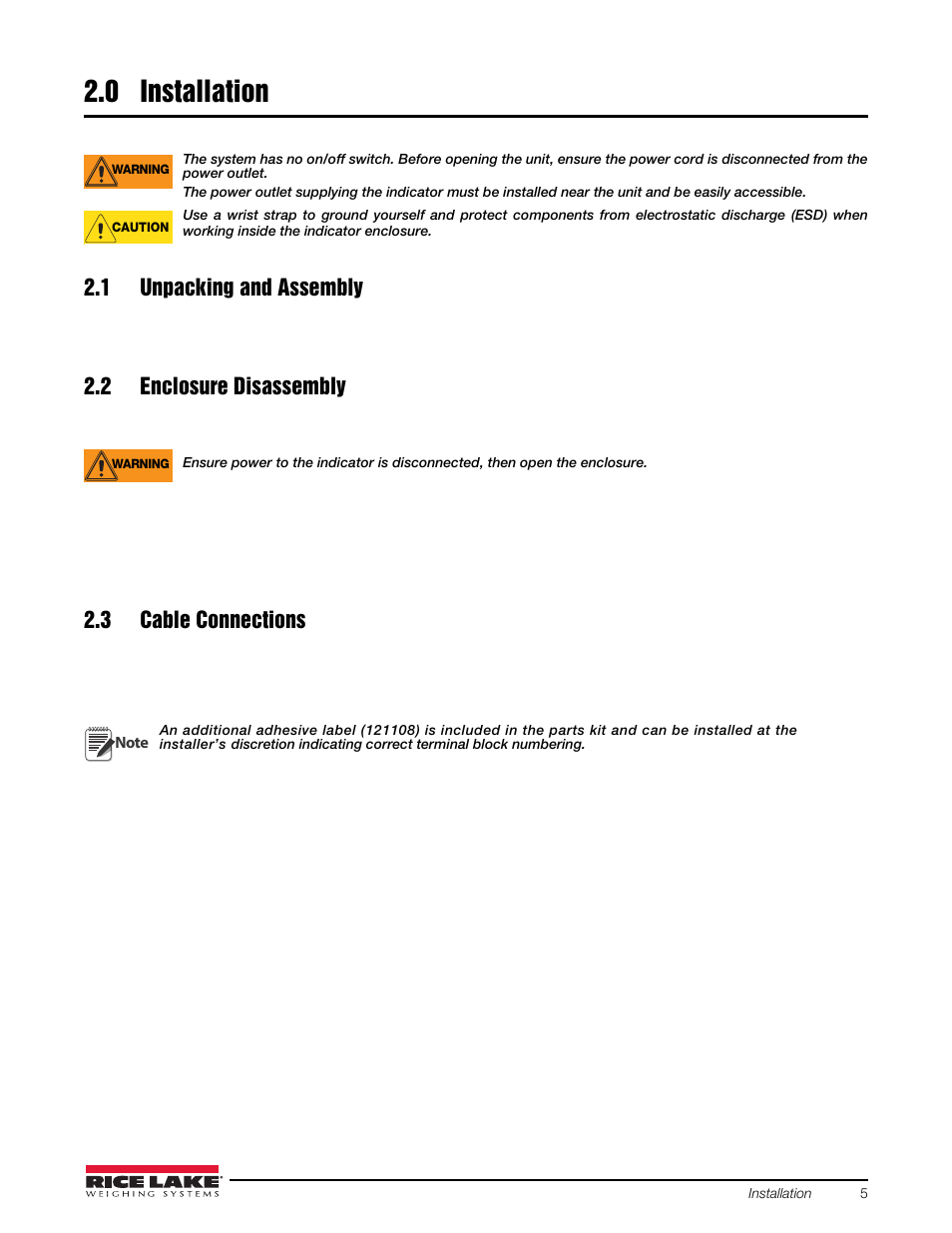0 installation, 1 unpacking and assembly, 2 enclosure disassembly | 3 cable connections, Installation | Rice Lake 920i FlexWeigh Systems - 201/202 User Manual | Page 9 / 38