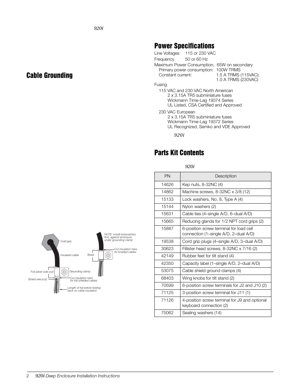 Cable grounding, Power specifications, Parts kit contents | Rice Lake 920i Deep Enclosure User Manual | Page 2 / 6