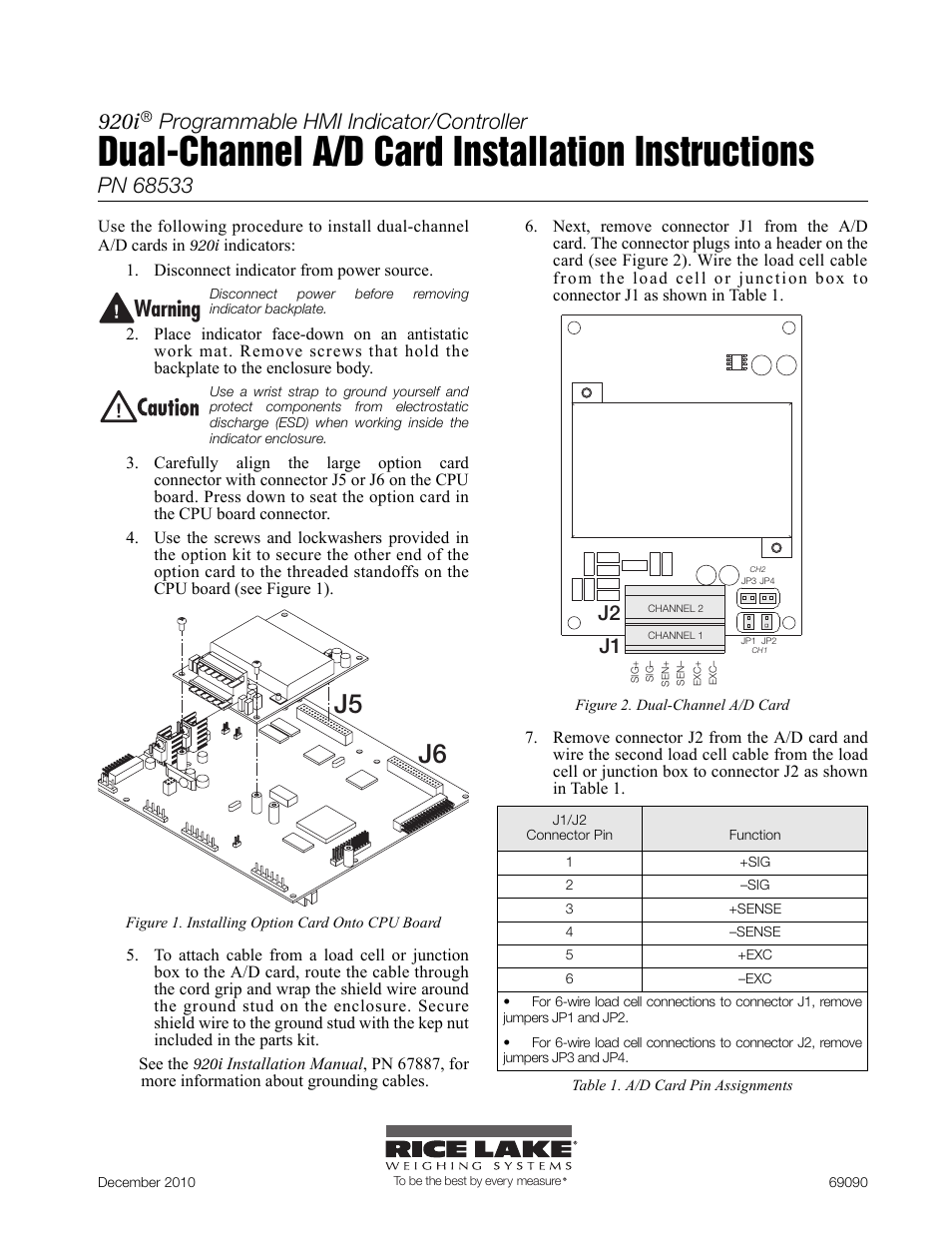 Rice Lake 920i Dual Channel A/D Card User Manual | 2 pages