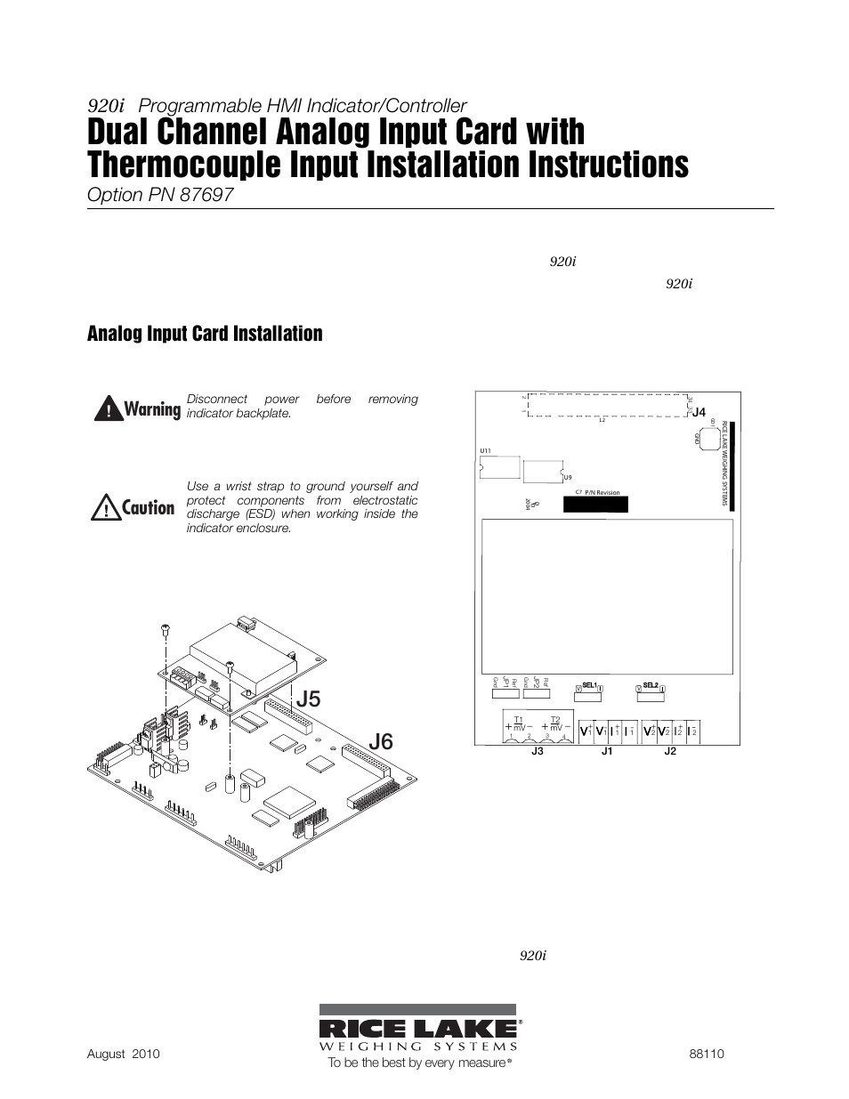 Rice Lake 920i Dual Channel Analog Input Card User Manual | 8 pages