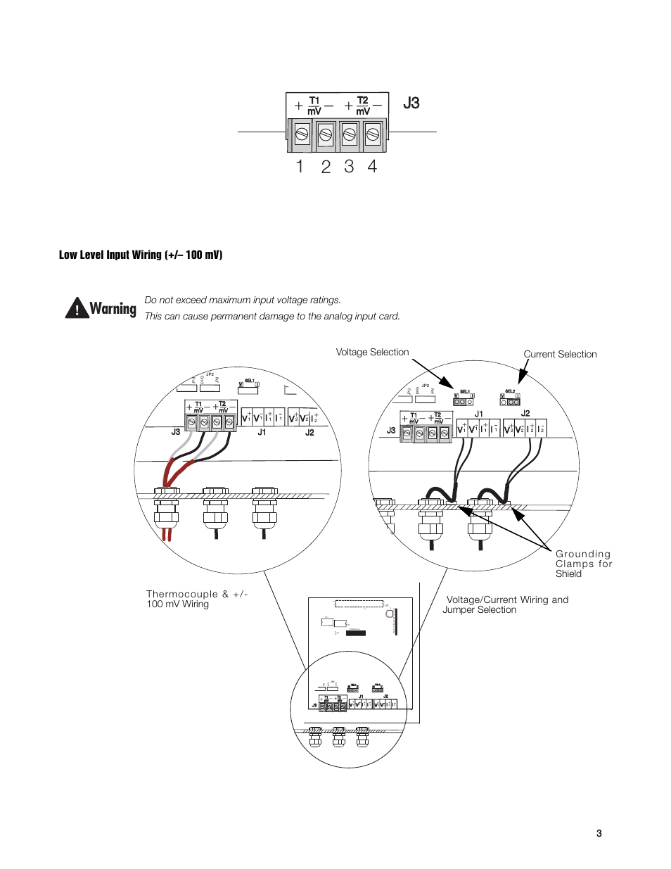 W arning, Figure 5 thermocouple wiring diagram, Low level input wiring (+/– 100 mv) | Rice Lake 920i Dual Channel Analog Input Card User Manual | Page 3 / 8