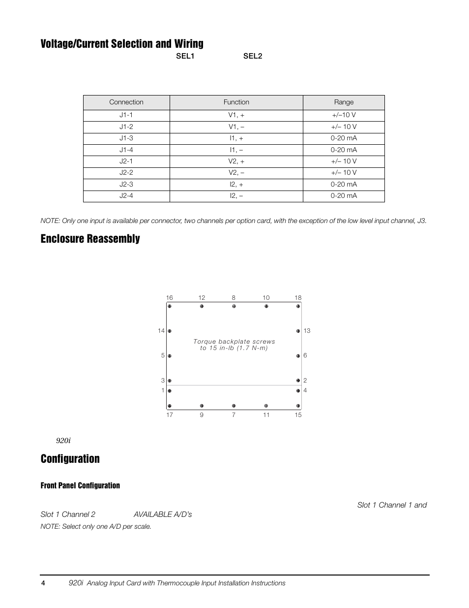 Voltage/current selection and wiring, Enclosure reassembly, Configuration | Rice Lake 920i Dual Channel Analog Input Card User Manual | Page 4 / 8