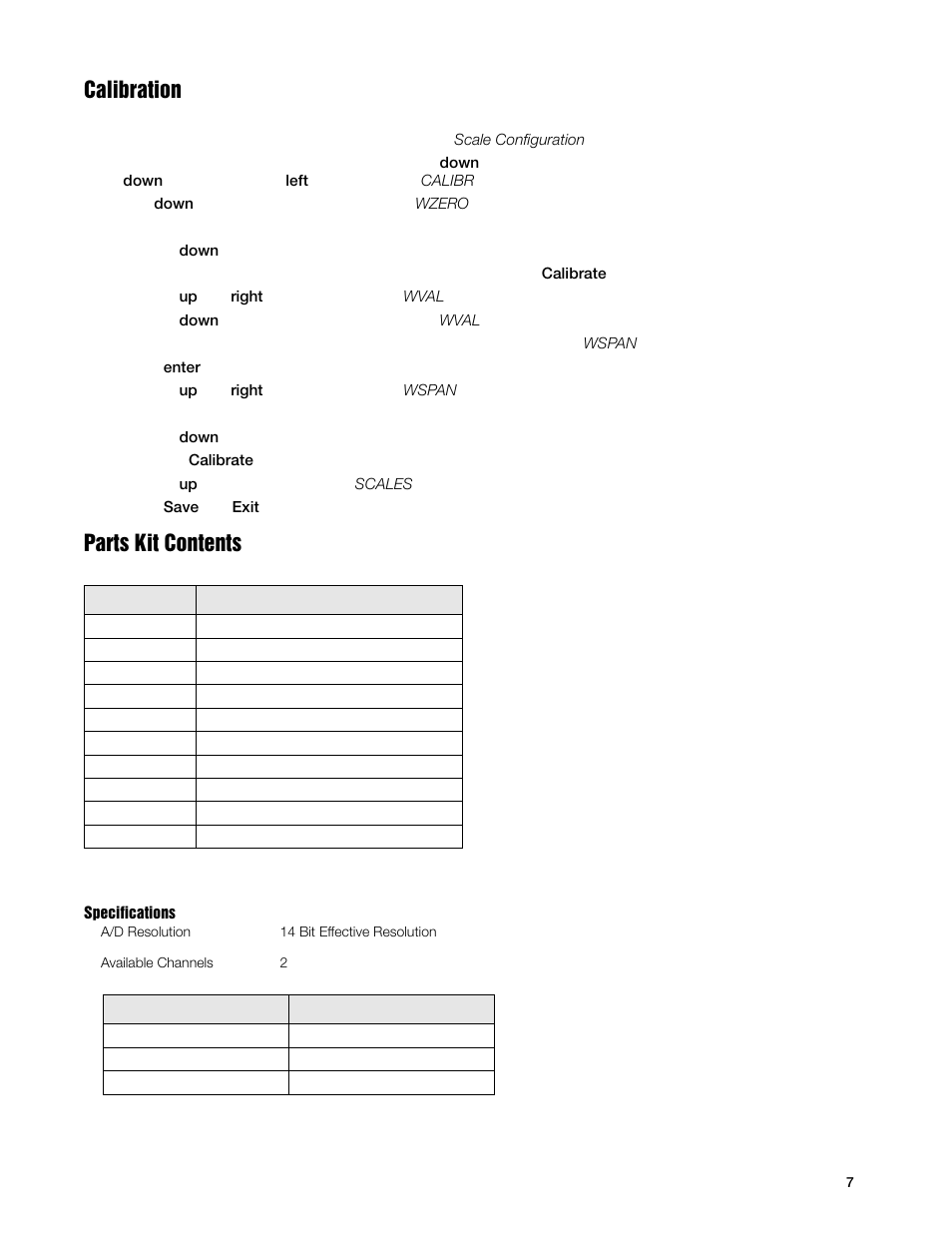 Calibration, Parts kit contents | Rice Lake 920i Dual Channel Analog Input Card User Manual | Page 7 / 8