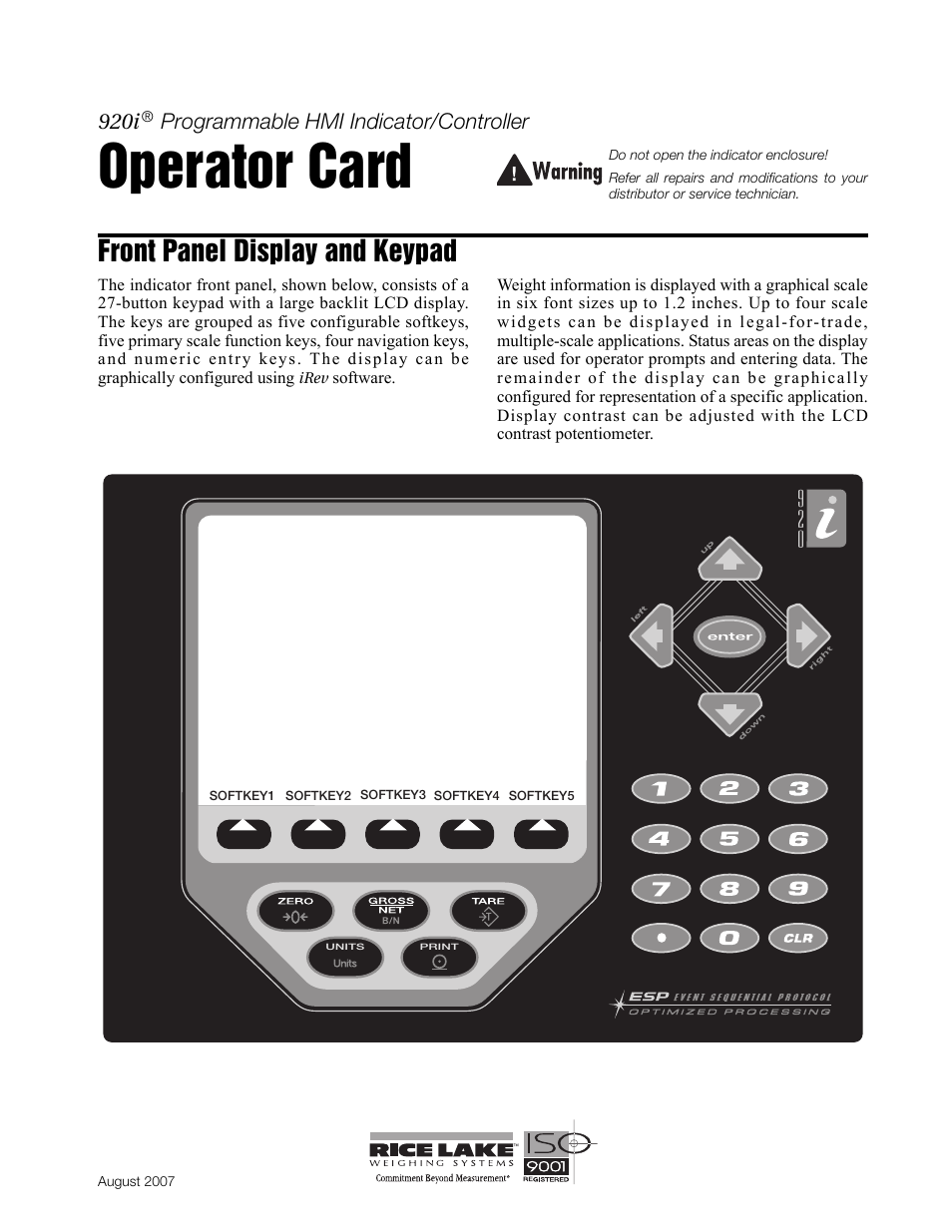 Rice Lake 920i Indicator Operator Card User Manual | 2 pages