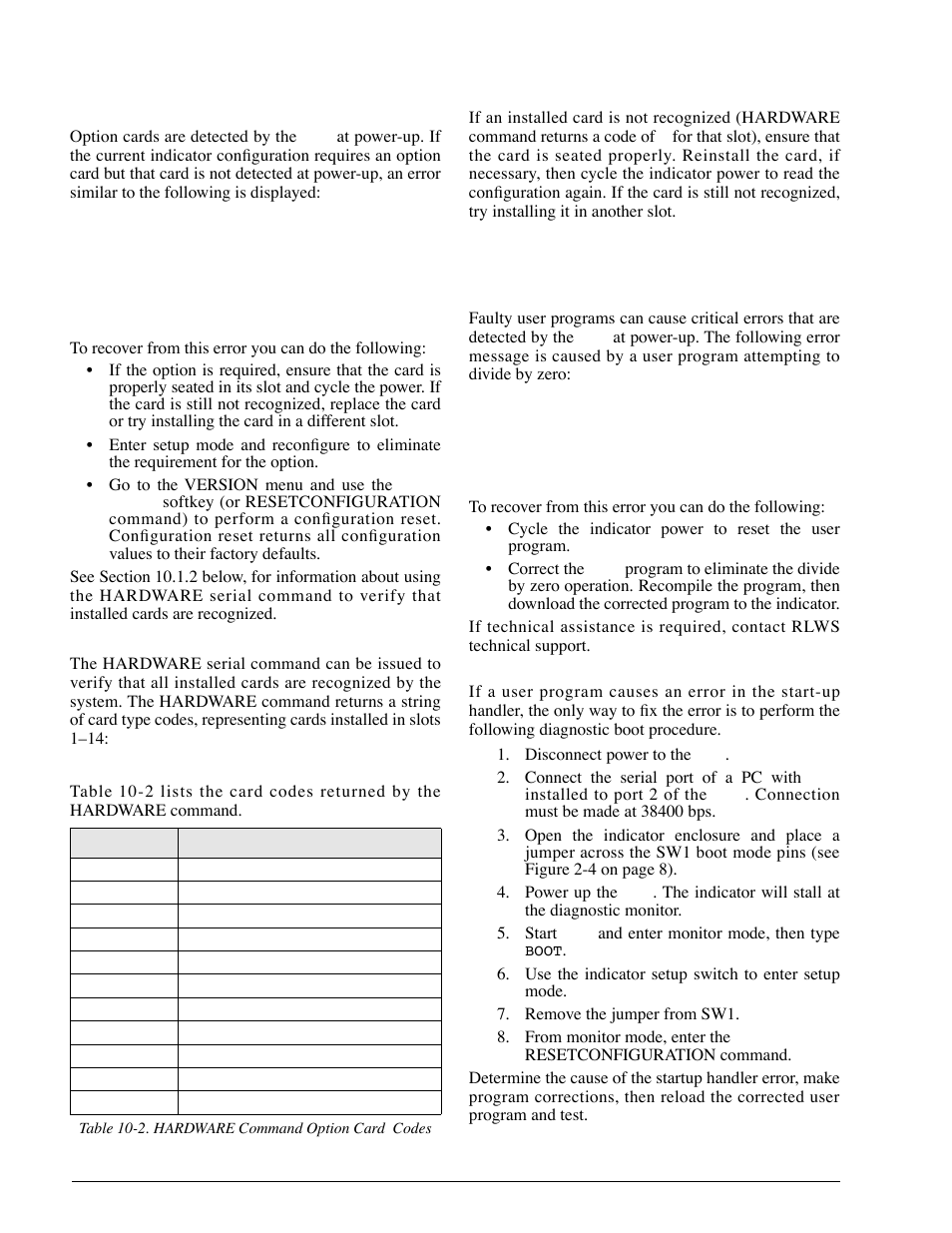 1 option card diagnostic errors, 2 using the hardware command, 3 user program diagnostic errors | Option card diagnostic errors, Using the hardware command, User program diagnostic errors | Rice Lake 920i Installation Manual V1.05 User Manual | Page 92 / 112
