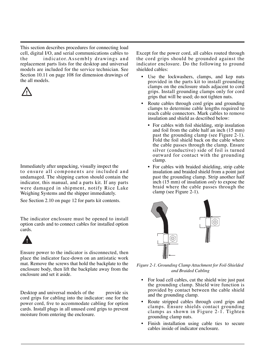 0 installation, 1 unpacking and assembly, 2 enclosure disassembly | 3 cable connections, 1 cable grounding, Cable grounding, Caution, Warning | Rice Lake 920i Installation Manual V2.0 User Manual | Page 10 / 118